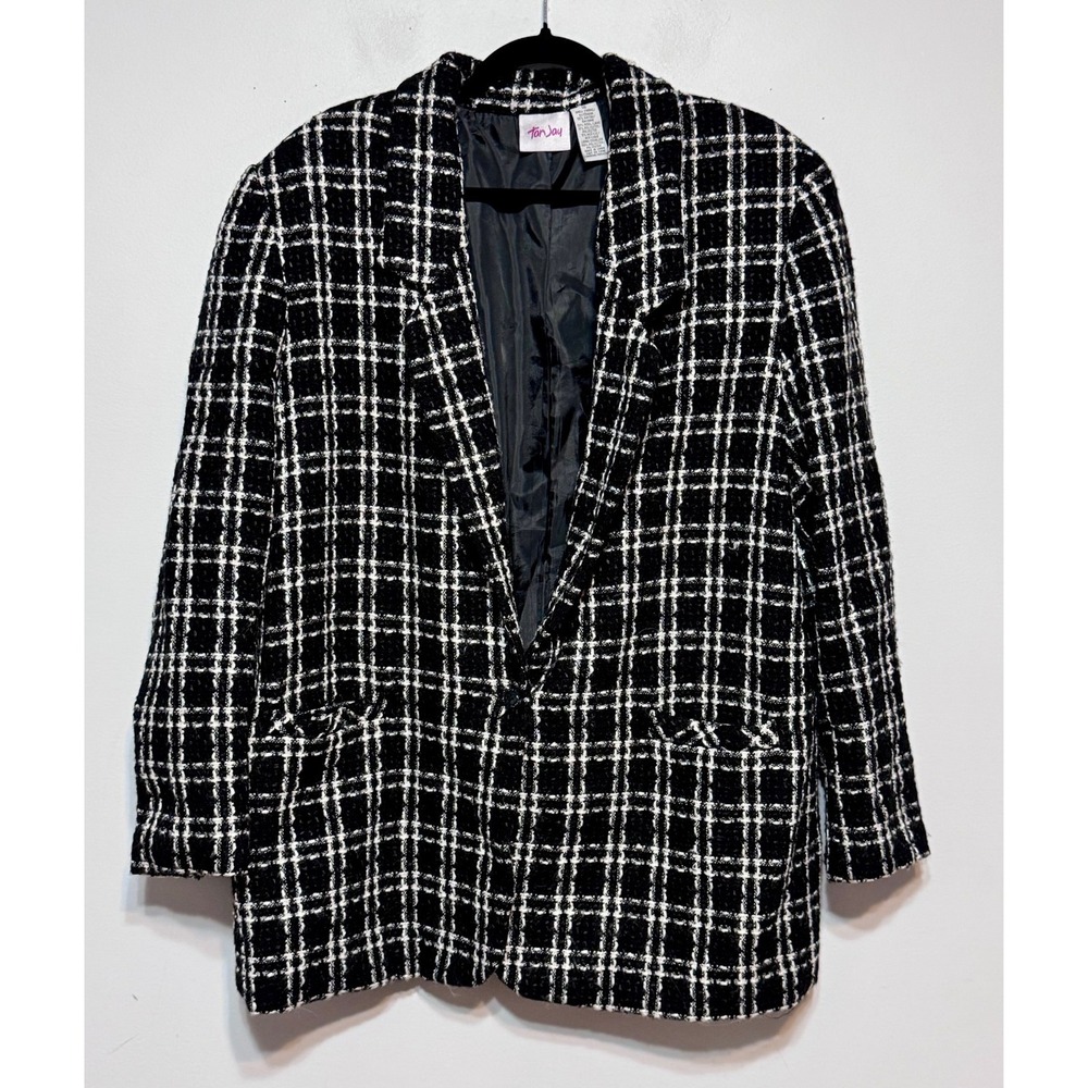 TanJay Tweed Plaid Bouclé Wool Blazer Jacket Size 16 Old Money Dark Academia
